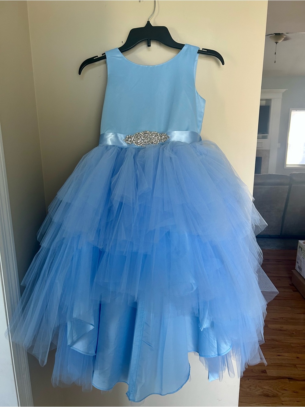 Light Blue High-Low Tulle Party Dress with Sparkle Waistband
